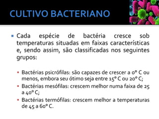  Cada espécie de bactéria cresce sob
temperaturas situadas em faixas características
e, sendo assim, são classificadas nos seguintes
grupos:
 Bactérias psicrófilas: são capazes de crescer a 0° C ou
menos, embora seu ótimo seja entre 15° C ou 20° C;
 Bactérias mesófilas: crescem melhor numa faixa de 25
a 40° C;
 Bactérias termófilas: crescem melhor a temperaturas
de 45 a 60° C.
 