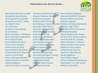 NESTE BAIRRO TEM...Muitas casasSítiosCafezaisMilharalGadoIgrejaRiachoMontanhaCavalosPesqueirosMatas GranjasOrelhãoSalão de FestasEscolaTorrefaçãoE muito mais...NESTE BAIRRO PRECISA...Posto de saúdeLojasPraçasSupermercadoE mais...(Ariadne, Gabrielle e Giovanna)