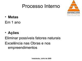 Processo Interno

• Metas
Em 1 ano

• Ações
Eliminar possíveis fatores naturais
Excelência nas Obras e nos
  empreendimentos

                Indaiatuba, Julho de 2009
 