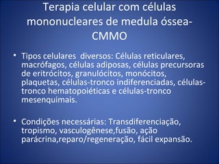 Terapia celular com células
mononucleares de medula óssea-
CMMO
• Tipos celulares diversos: Células reticulares,
macrófagos, células adiposas, células precursoras
de eritrócitos, granulócitos, monócitos,
plaquetas, células-tronco indiferenciadas, células-
tronco hematopoiéticas e células-tronco
mesenquimais.
• Condições necessárias: Transdiferenciação,
tropismo, vasculogênese,fusão, ação
parácrina,reparo/regeneração, fácil expansão.
 