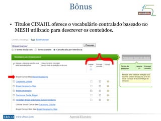 www.ebsco.comwww.ebsco.com Agenda | Sumário
Bônus
• Títulos CINAHL oferece o vocabulário contralado baseado no
MESH utilizado para descrever os conteúdos.
Breast cancer
}
 