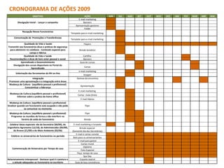 CRONOGRAMA DE AÇÕES 2009 OBJETIVO AÇÃO JUN JUL AGO SET OUT NOV DEZ JAN FEV MAR ABR MAI Divulgação Inicial -  Lançar a campanha E-mail marketing               Banners               Apresentação gestores               Folder               Recepção Novos Funcionários Template para e-mail marketing                Comunicação de  Promoções e Transferências Template para e-mail marketing                Qualidade de Vida e Saúde Transmitir aos funcionários dicas e práticas de segurança para adotarem no cotidiano . Conteúdo especial para campo e fábrica Flayers               Brinde temático               Qualidade de Vida e Saúde Recomendações e dicas de bem-estar pessoal e social Cartilha                Banners               Aprendizado e Desenvolvimento Divulgação dos cursos disponíveis no Portal do Aprendizado Guia de cursos               Cartaz               Valorização das ferramentas do RH on-line e-mail marketing               Stopper               Integração Promover uma aproximação e a integração entre áreas   Rotinas de encontros                   Mudança de Cultura  (equilíbrio pessoal x profissional) Conscientizar a liderança Apresentação               Mudança de Cultura (equilíbrio pessoal x profissional) Informar sobre a prática do home office E-mail marketing                Cartaz  mala direta               E-mail líderes               Mudança de Cultura  (equilíbrio pessoal x profissional) Sinalizar quando um funcionário está ocupado e não pode se comunicar no momento Flyer               Mudança de Cultura  (equilíbrio pessoal x profissional) Programar as reuniões de forma a não interferir no horário de saída do funcionário Flyer               Brinde Celebrar datas especiais: dia da Secretária (30/09), do Engenheiro Agronomo (12/10), do Administrador (09/09), da Árvore (21/09) e do Meio Ambiente (05/06) E-mail marketing e torpedo               Brinde especial  (Somente dia das Secretárias)               Celebrar os aniversários de funcionários no período E-mail e cartaz convite               Bolo para os aniversariantes               Comemoração de Aniversário por Tempo de casa E-mail para gestor               Cartaz mural               Diploma               Foto Especial               Peça  tempo de casa Spa Day               Relacionamento Interpessoal - Destacar qual é a postura e a atitude adequados ao funcionário no escritório Esquete teatral               Guia de boa convivência               
