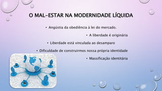• Angústia da obediência à lei do mercado.
• A liberdade é originária
• Liberdade está vinculada ao desamparo
• Dificuldade de construirmos nossa própria identidade
• Massificação identitária
O MAL-ESTAR NA MODERNIDADE LÍQUIDA
 