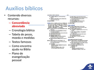 Auxílios bíblicos
• Contendo diversos
recursos:
– Concordância
abreviada
– Cronologia bíblica
– Tabela de pesos,
moeda e medidas
– Textos famosos
– Como encontra
ajuda na Bíblia
– Plano de
evangelização
pessoal
 