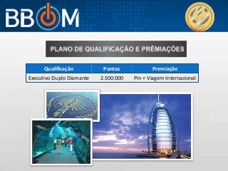 Qualificação Pontos Premiação
Executivo Duplo Diamante 2.500.000 Pin + Viagem Internacional
 