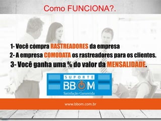 Você compra RASTREADORES
da empresa
A empresa COMODATA os
rastreadores para os clientes
Você ganha uma % do valor
da MENSALIDADEwww.bbom.com.br
Como FUNCIONA?.
1- Você compra RASTREADORES da empresa
2- A empresa COMODATA os rastreadores para os clientes.
3- Você ganha uma % do valor da MENSALIDADE.
 