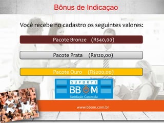 www.bbom.com.br
Você recebe no cadastro os seguintes valores:
Bônus de Indicaçao
Pacote Bronze (R$40,00)
Pacote Prata (R$120,00)
Pacote Ouro (R$200,00)
 