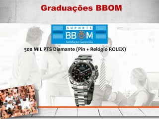 www.bbom.com.br
Graduações BBOM
.
500 MIL PTS Diamante (Pin + Relógio ROLEX)
 