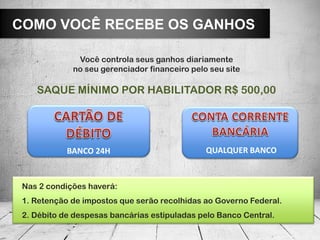 Você controla seus ganhos diariamente
no seu gerenciador financeiro pelo seu site
SAQUE MÍNIMO POR HABILITADOR R$ 500,00
COMO VOCÊ RECEBE OS GANHOS
BANCO 24H QUALQUER BANCO
Nas 2 condições haverá:
1. Retenção de impostos que serão recolhidas ao Governo Federal.
2. Débito de despesas bancárias estipuladas pelo Banco Central.
 