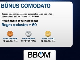BÔNUS COMODATO
Receba uma participação nos lucros sobre pelos aparelhos
comodatados, por um período de 12 meses.
Recebimento Bônus Comodato:
Regra cadastro + 60
PACOTE BRONZE
R$ 160,00 / Mês
PACOTE PRATA
R$ 480,00 / Mês
PACOTE OURO
R$ 800,00 / Mês
 