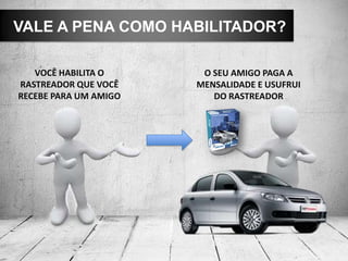VALE A PENA COMO HABILITADOR?
VOCÊ HABILITA O
RASTREADOR QUE VOCÊ
RECEBE PARA UM AMIGO
O SEU AMIGO PAGA A
MENSALIDADE E USUFRUI
DO RASTREADOR
 