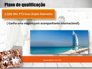 Plano de qualificação
2.500 MIL PTS Exec.Duplo Diamante

 ( Ganha uma viagem com acompanhante internacional).




                          www.bbom.com.br
 
