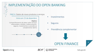 IMPLEMENTAÇÃO DO OPEN BANKING
16
• Investimentos
• Seguros
• Previdência complementar
OPEN FINANCE
FASE 4: Dados de novos produtos e serviços
Início em 15 de dezembro
Objetivo
Compartilhamento de dados sobre serviços
relacionados a câmbio, credenciamento,
seguros, investimentos e previdência
complementar aberta
 
