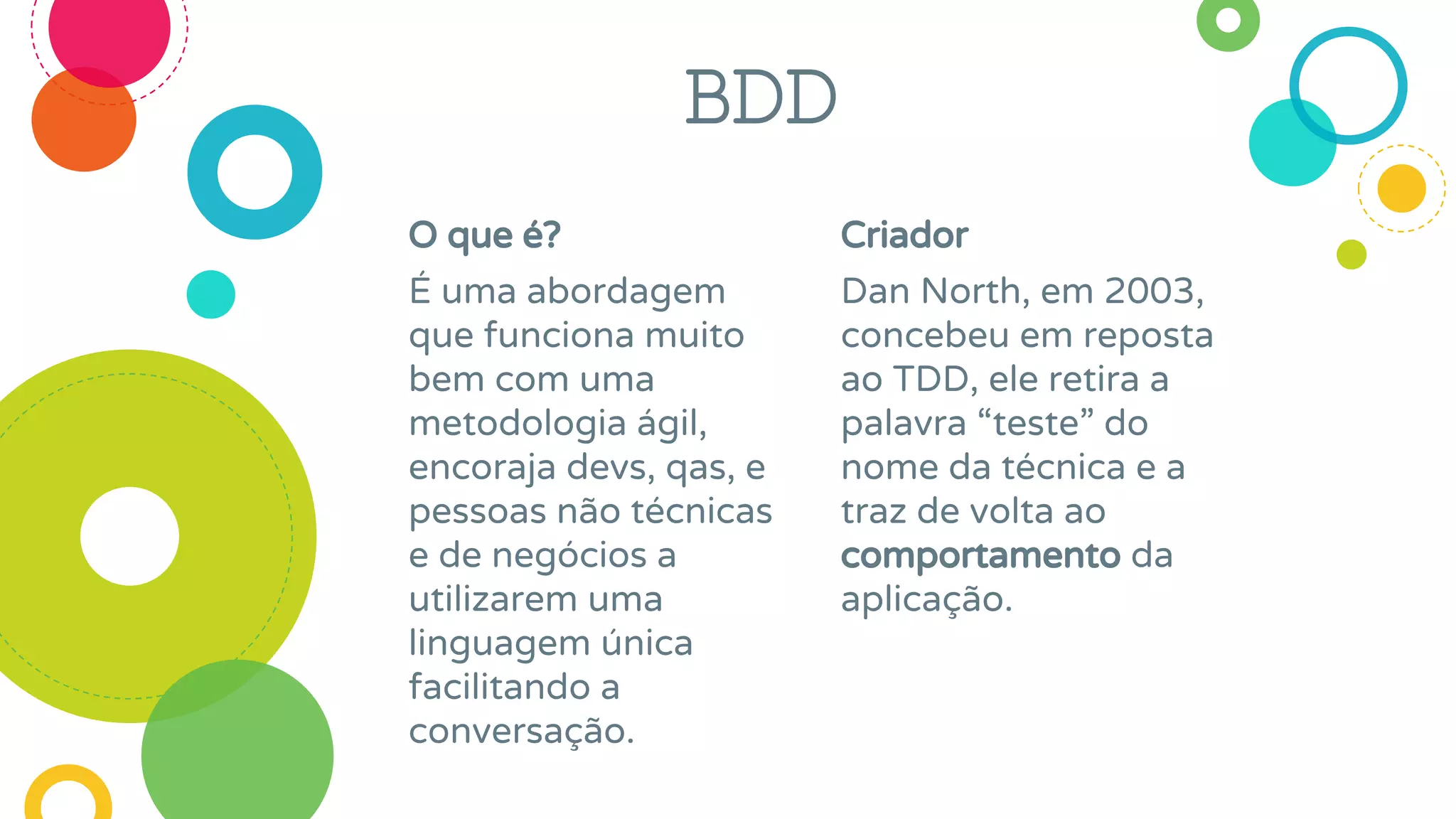 O que é?
É uma abordagem
que funciona muito
bem com uma
metodologia ágil,
encoraja devs, qas, e
pessoas não técnicas
e de negócios a
utilizarem uma
linguagem única
facilitando a
conversação.
Criador
Dan North, em 2003,
concebeu em reposta
ao TDD, ele retira a
palavra “teste” do
nome da técnica e a
traz de volta ao
comportamento da
aplicação.
BDD
 