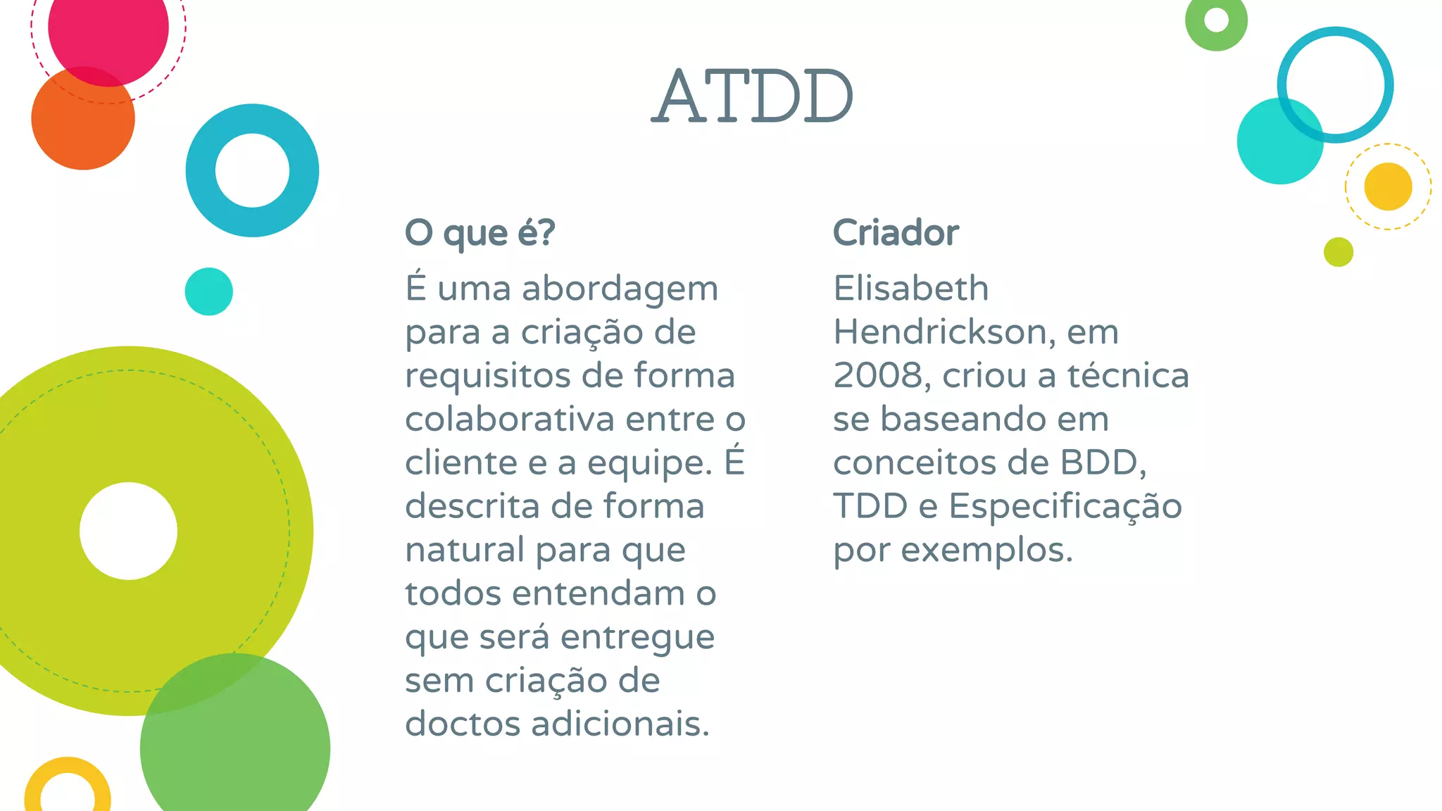 O que é?
É uma abordagem
para a criação de
requisitos de forma
colaborativa entre o
cliente e a equipe. É
descrita de forma
natural para que
todos entendam o
que será entregue
sem criação de
doctos adicionais.
Criador
Elisabeth
Hendrickson, em
2008, criou a técnica
se baseando em
conceitos de BDD,
TDD e Especificação
por exemplos.
ATDD
 