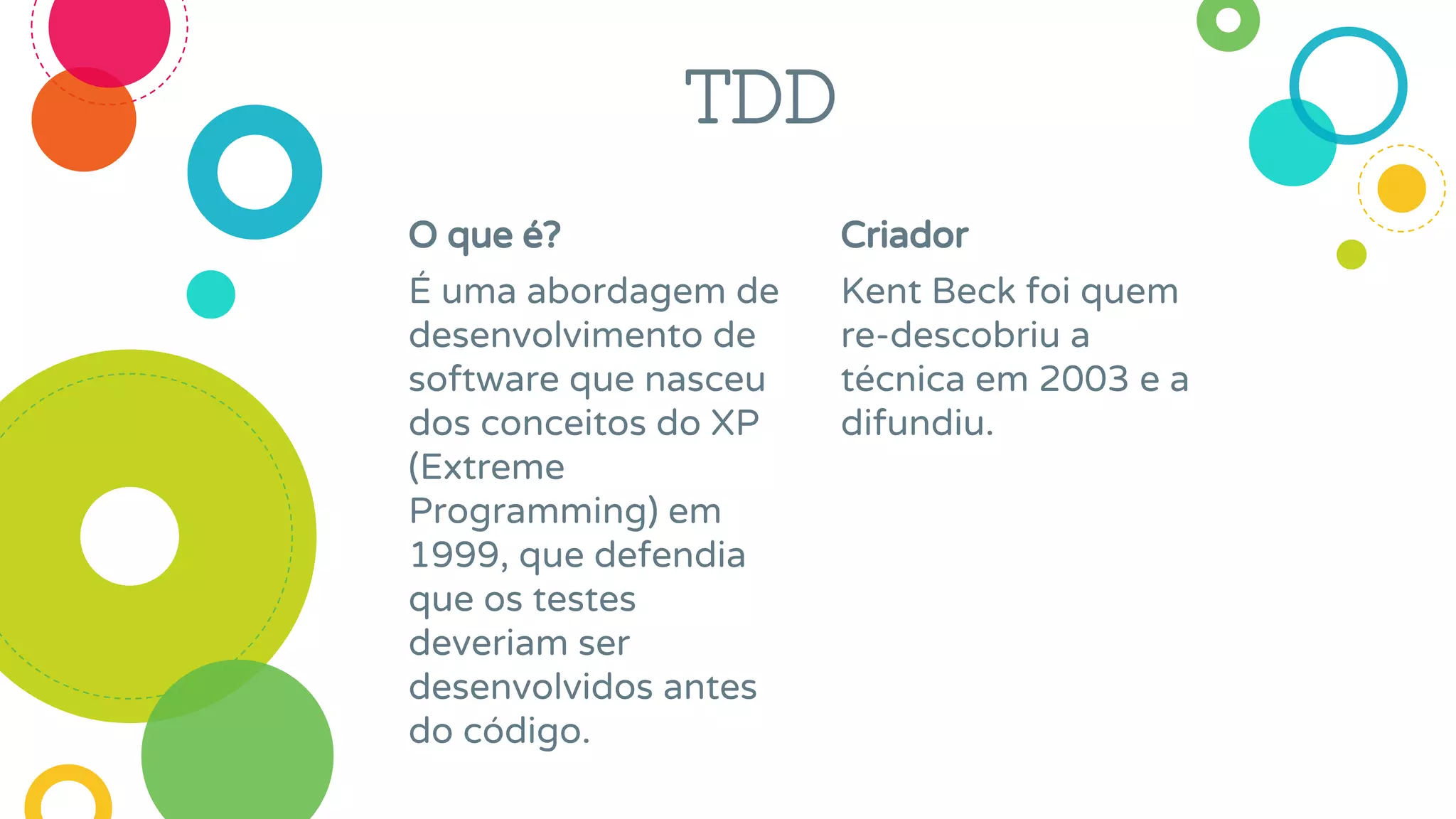 O que é?
É uma abordagem de
desenvolvimento de
software que nasceu
dos conceitos do XP
(Extreme
Programming) em
1999, que defendia
que os testes
deveriam ser
desenvolvidos antes
do código.
Criador
Kent Beck foi quem
re-descobriu a
técnica em 2003 e a
difundiu.
TDD
 