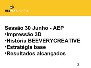 3
Sessão 30 Junho - AEP
•Impressão 3D
•História BEEVERYCREATIVE
•Estratégia base
•Resultados alcançados
 
