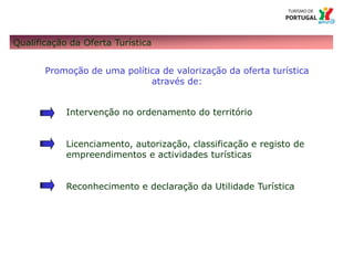 114 – Missão e Atribuições
Qualificação da Oferta Turística
Promoção de uma política de valorização da oferta turística
através de:
Intervenção no ordenamento do território
Licenciamento, autorização, classificação e registo de
empreendimentos e actividades turísticas
Reconhecimento e declaração da Utilidade Turística
 