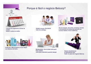 Porque é fácil o negócio Belcorp?




                                                                                   Kit de iniciação: descontos, amostras, brindes
 3 formas de pagamento: 28 dias de          Pedido mínimo: R$ 250,00
                                                                                   e ferramentas de vendas para garantir seu
 crédito,                                   Valor de catálogo.
                                                                                   sucesso desde o inicio na Belcorp.
 boleto e cartão de crédito.




3 marcas e 500 produtos ao seu dispor
e ao alcance de todos.                      Multipedidos: não há data certa para
                                            fazer pedido,                                    Passos desafiadores
                                            você pode solicitá-lo quando desejar             E alcançáveis para
                                                                                             Subir no plano de negócio Belcorp


                                                                                                                             42

                                                                                                                                    42
 