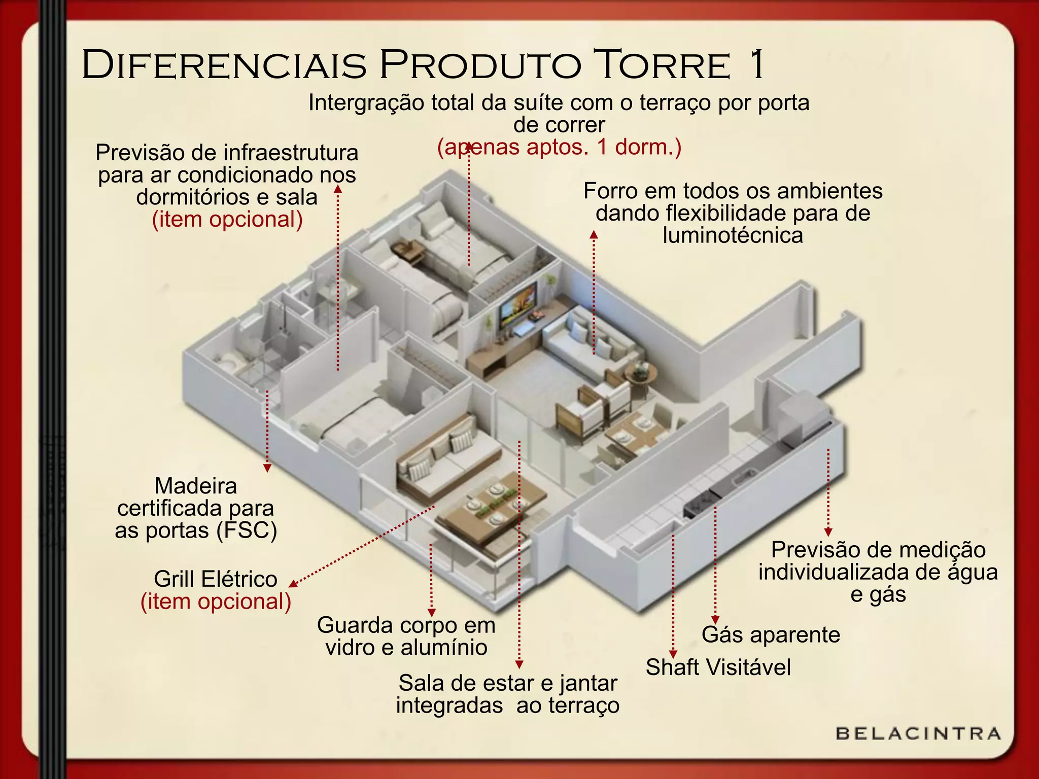 Diferenciais Produto Torre 1
Gás aparente
Sala de estar e jantar
integradas ao terraço
Shaft Visitável
Madeira
certificada para
as portas (FSC)
Previsão de infraestrutura
para ar condicionado nos
dormitórios e sala
(item opcional)
Forro em todos os ambientes
dando flexibilidade para de
luminotécnica
Previsão de medição
individualizada de água
e gás
Grill Elétrico
(item opcional)
Intergração total da suíte com o terraço por porta
de correr
(apenas aptos. 1 dorm.)
Guarda corpo em
vidro e alumínio
 