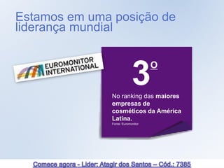 Estamos em uma posição de
liderança mundial



                            3       O


               No ranking das maiores
               empresas de
               cosméticos da América
               Latina.
               Fonte: Euromonitor




                                        27
 