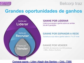 Modelo Multinivel
                                            Belcorp traz
       Grandes oportunidades de ganhos
                      GANHE POR LIDERAR
                      Lidera sua equipe e ganhe sobre as vendas
                      de até 5 gerações




                      GANHE POR EXPANDIR A REDE
                      Construa a sua rede e ganhe sobre o 1º e 2º nível




                      GANHE POR VENDER
                      Até 60% de desconto nos 500 produtos
                      L’BEL, Ésika e Cy.Zone




                                                                          63
 