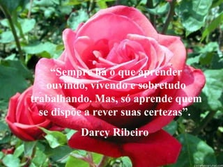 “ Sempre há o que aprender ouvindo, vivendo e sobretudo trabalhando. Mas, só aprende quem se dispõe a rever suas certezas”.  Darcy Ribeiro  