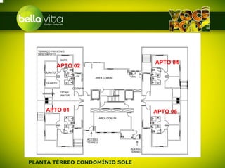 TERRAÇO PRIVATIVO
  DESCOBERTO

                SUÍTE
                                                                       APTO 04
               APTO 02
      QUARTO          I.S.
                               LAV.
                                            ÁREA COMUM
                       I.S.
       QUARTO

                              COZINHA
                ESTAR/
    VARANDA
                JANTAR




       APTO 01                                                         APTO 05
                                                 ÁREA COMUM




                                        ACESSO
                                        TÉRREO

                                                              ACESSO
                                                              TÉRREO



PLANTA TÉRREO CONDOMÍNIO SOLE
 