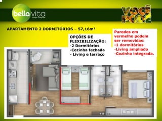 APARTAMENTO 2 DORMITÓRIOS – 57,16m²
                                             Paredes em
                        OPÇÕES DE            vermelho podem
                        FLEXIBILIZAÇÃO:      ser removidas:
                        -2 Dormitórios       -1 dormitórios
                        -Cozinha fechada     -Living ampliado
                        - Living e terraço   -Cozinha integrada.
 