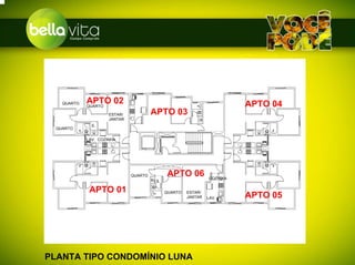QUARTO   APTO 02
             QUARTO                                                        APTO 04
                      ESTAR/            APTO 03
                      JANTAR
              I.S.
  QUARTO

             LAV. COZINHA




                               QUARTO          APTO 06           COZINHA
                                        I.S.

              APTO 01                          QUARTO   ESTAR/
                                                        JANTAR   LAV.      APTO 05




PLANTA TIPO CONDOMÍNIO LUNA
 