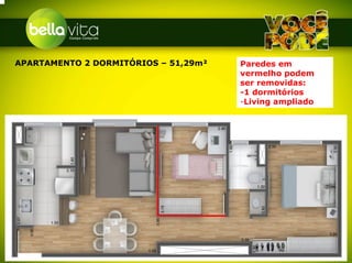 APARTAMENTO 2 DORMITÓRIOS – 51,29m²   Paredes em
                                      vermelho podem
                                      ser removidas:
                                      -1 dormitórios
                                      -Living ampliado
 