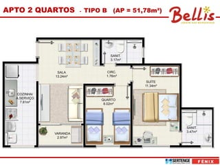 APTO 2 QUARTOS   -   TIPO B (AP = 51,78m²)
 