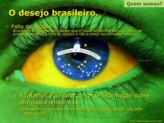 O desejo brasileiro. A Internet é a maior fonte de informação sobre atividades ambientais. Os brasileiros são mais influenciados pelos artigos que lê, não pela publicidade. Quem somos? Falta de Opções Brasileiros e indianos consideram que o maior empecilho para a compra de produtos verdes é a falta de opções e não o preço dos produtos verdes.  Fonte: Green Brands Survey 2009. 