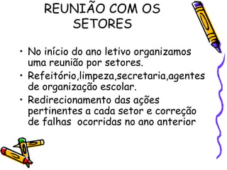 REUNIÃO COM OS
SETORES
• No início do ano letivo organizamos
uma reunião por setores.
• Refeitório,limpeza,secretaria,agentes
de organização escolar.
• Redirecionamento das ações
pertinentes a cada setor e correção
de falhas ocorridas no ano anterior
 