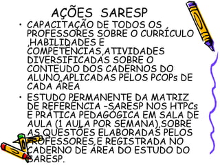 AÇÕES SARESP
• CAPACITAÇÃO DE TODOS OS
PROFESSORES SOBRE O CURRÍCULO
,HABILIDADES E
COMPETÊNCIAS,ATIVIDADES
DIVERSIFICADAS SOBRE O
CONTEUDO DOS CADERNOS DO
ALUNO,APLICADAS PELOS PCOPs DE
CADA ÁREA
• ESTUDO PERMANENTE DA MATRIZ
DE REFERÊNCIA –SARESP NOS HTPCs
E PRÁTICA PEDAGÓGICA EM SALA DE
AULA (1 AULA POR SEMANA),SOBRE
AS QUESTÕES ELABORADAS PELOS
PROFESSORES E REGISTRADA NO
CADERNO DE ÁREA DO ESTUDO DO
SARESP.
 