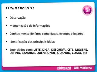 CONHECIMENTO
• Observação
• Memorização de informações
• Conhecimento de fatos como datas, eventos e lugares
• Identificação das principais ideias
• Enunciados com: LISTE, DIGA, DESCREVA, CITE, MOSTRE,
DEFINA, EXAMINE, QUEM, ONDE, QUANDO, COMO, etc
 