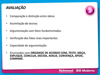 AVALIAÇÃO
• Comparação e distinção entre ideias
• Assimilação de teorias
• Argumentação com fatos fundamentados
• Verificação dos fatos mais importantes
• Capacidade de argumentação
• Enunciados com ORGANIZE DE ACORDO COM, TESTE, MEÇA,
EXPLIQUE, CONCLUA, DECIDA, AVALIE, CONVENÇA, APOIE,
COMPARE.
 