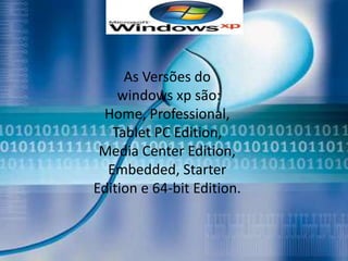 As Versões do
    windows xp são:
 Home, Professional,
   Tablet PC Edition,
 Media Center Edition,
  Embedded, Starter
Edition e 64-bit Edition.
 