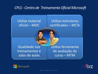 w ww. b f b i z . c o m . b r 
CPLS -Centro de Treinamento Oficial Microsoft 
Utilizamaterial oficial–MOC 
Utilizainstrutorescertificados–MCTs 
Qualidadenostreinamentose salasde aulas 
Utilizaferramentade avaliaçãodo curso–MTM  