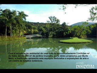 Com a recuperação ambiental de uma área de aproximadamente 3 milhões m2
de mata, sendo 350 m2
de jardins tropicais, parte deles projetados por Burle
Marx, a instituição apresenta sete espaços dedicados a exposições de arte e
um centro de estudos botânicos.   
 