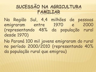 Na Região Sul, 4,4 milhões de pessoas
emigraram entre 1970 e 2000
(representando 48% da população rural
desde 1970)
No Paraná 100 mil jovens emigraram do rural
no período 2000/2010 (representando 40%
da população rural que emigrou)
 