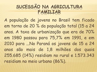 A população de jovens no Brasil tem ficado
em torno de 20 % da população total (15 a 24
anos. A taxa de urbanização que era de 70%
em 1980 passou para 75,7% em 1991, e em
2010 para ...No Paraná os jovens de 15 a 24
anos são mais de 1,8 milhões dos quais
255.685 (14%) residiam no rural e 1.573.343
residiam no meio urbano (86%).
 