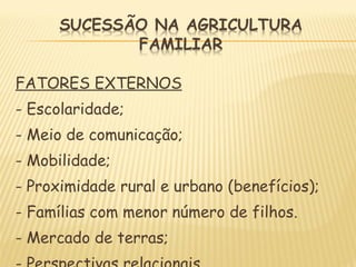 FATORES EXTERNOS
- Escolaridade;
- Meio de comunicação;
- Mobilidade;
- Proximidade rural e urbano (benefícios);
- Famílias com menor número de filhos.
- Mercado de terras;
 