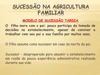 MODELO DE SUCESSÃO TARDIA
O filho mora com o pai: pouco participa da tomada de
decisões no estabelecimento, apesar de conviver e
trabalhar com seu pai e sua família por muitos anos.
O filho assume como sucessor em caso da morte do pai.
Sucessor - despreparado para assumir o estabelecimento
em razão da pouca experiência administrativa realizada
durante sua vida.
 