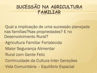 Qual a implicação de uma sucessão planejada
nas famílias?Nas propriedades? E no
Desenvolvimento Rural?
Agricultura Familiar Fortalecida
Maior Segurança Alimentar
Rural com Gente Feliz
Continuidade da Cultura Inter Gerações
Vida Comunitária – Equilíbrio Espacial
 