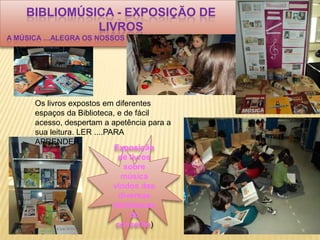 BIBLIOMÚSICA - EXPOSIÇÃO DE
              LIVROS
A MÚSICA …ALEGRA OS NOSSOS CORAÇÕES E A NOSSA ALMA".




      Os livros expostos em diferentes
      espaços da Biblioteca, e de fácil
      acesso, despertam a apetência para a
      sua leitura. LER ....PARA
      APRENDER.
                             Exposição
                              de livros
                                sobre
                               música
                             vindos das
                              diversas
                             bibliotecas
                                  do
                             concelho)
 