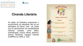 Ciranda Literária
As ações da biblioteca propiciaram o
envolvimento do estudante não só em
atividades de leitura, mas de outras
que os aproximaram de manifestações
culturais variadas, como teatro,
dramatização, música, filmes, desenho,
pintura, fantoches, espaços culturais
(CAMPELLO, 2009, p. 122).
 
