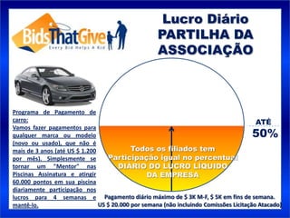 Lucro Diário
                                                    PARTILHA DA
                                                    ASSOCIAÇÃO



Programa de Pagamento de
carro:                                                                                  ATÉ
                                                                                      50%
Vamos fazer pagamentos para
qualquer marca ou modelo
(novo ou usado), que não é
mais de 3 anos (até US $ 1.200             Todos os filiados tem
por mês). Simplesmente se         Participação igual no percentual
tornar um "Mentor" nas                DIÁRIO DO LUCRO LÍQUIDO
Piscinas Assinatura e atingir                    DA EMPRESA
60.000 pontos em sua piscina
diariamente participação nos
lucros para 4 semanas e Pagamento diário máximo de $ 3K M-F, $ 5K em fins de semana.
mantê-lo.                      US $ 20.000 por semana (não incluindo Comissões Licitação Atacado)
 