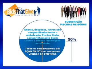 SUBSCRIÇÃO
                           PISCINAS DE BÔNUS

Depois, despesas, lucros são
   compartilhados entre o
 embaixador Piscina Clube
  compartilhamento Diário
Lucros e nossas instituições    50%
        de caridade.

Todos os embaixadores BID
AÇÃO EM 50% na assinatura
  VENDAS DE EMPRESA
 