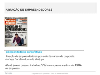 Copyright© 2014 Symnetics – Todos os direitos reservados
empreendedores corporativos
Atração de empreendedores por meio das áreas de corporate
startups / aceleradoras de startups.
Afinal, jovens querem trabalhar COM as empresas e não mais PARA
as empresas.
ATRAÇÃO DE EMPREENDEDORES
 